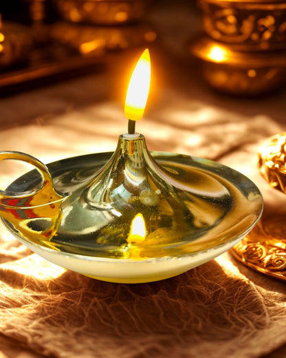 Flameless Electric Diya with Realistic Flickering Flame | Gold Finish | Perfect for Puja & Festival Decor