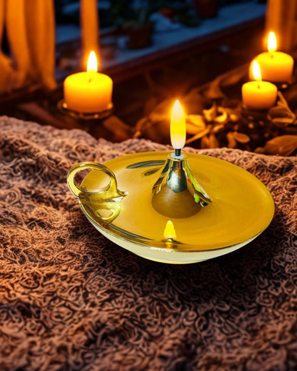 Flameless Electric Diya with Realistic Flickering Flame | Gold Finish | Perfect for Puja & Festival Decor