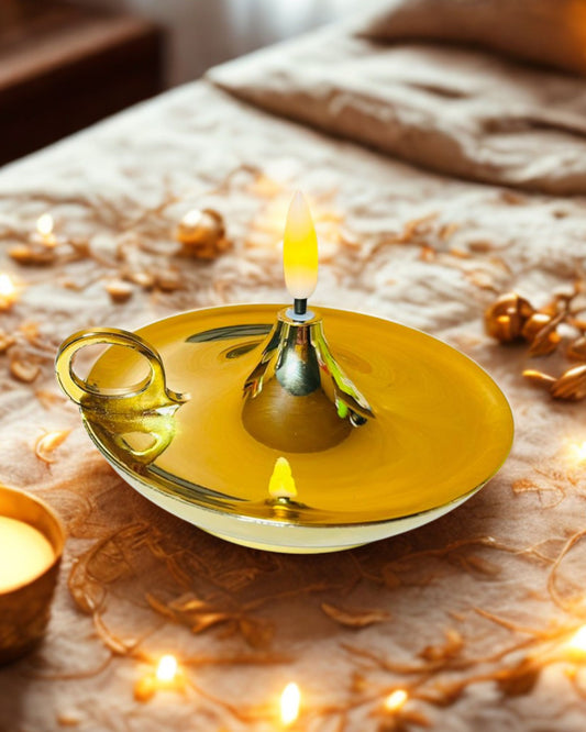 Flameless Electric Diya with Realistic Flickering Flame | Gold Finish | Perfect for Puja & Festival Decor
